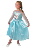 Girl in Frozen Elsa dress with sparkly blue skirt, character bodice and sheer sleeves