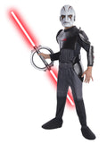 Boy in the Star Wars Inquisitor Deluxe jumpsuit in grey and black armour print with boot tops and mask