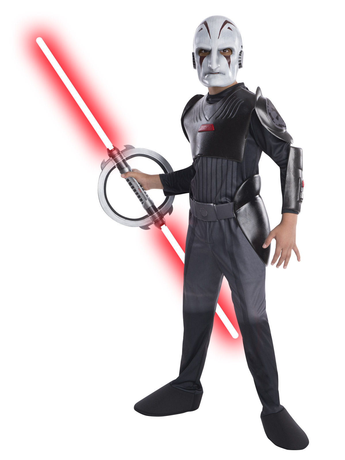 Boy in the Star Wars Inquisitor Deluxe jumpsuit in grey and black armour print with boot tops and mask