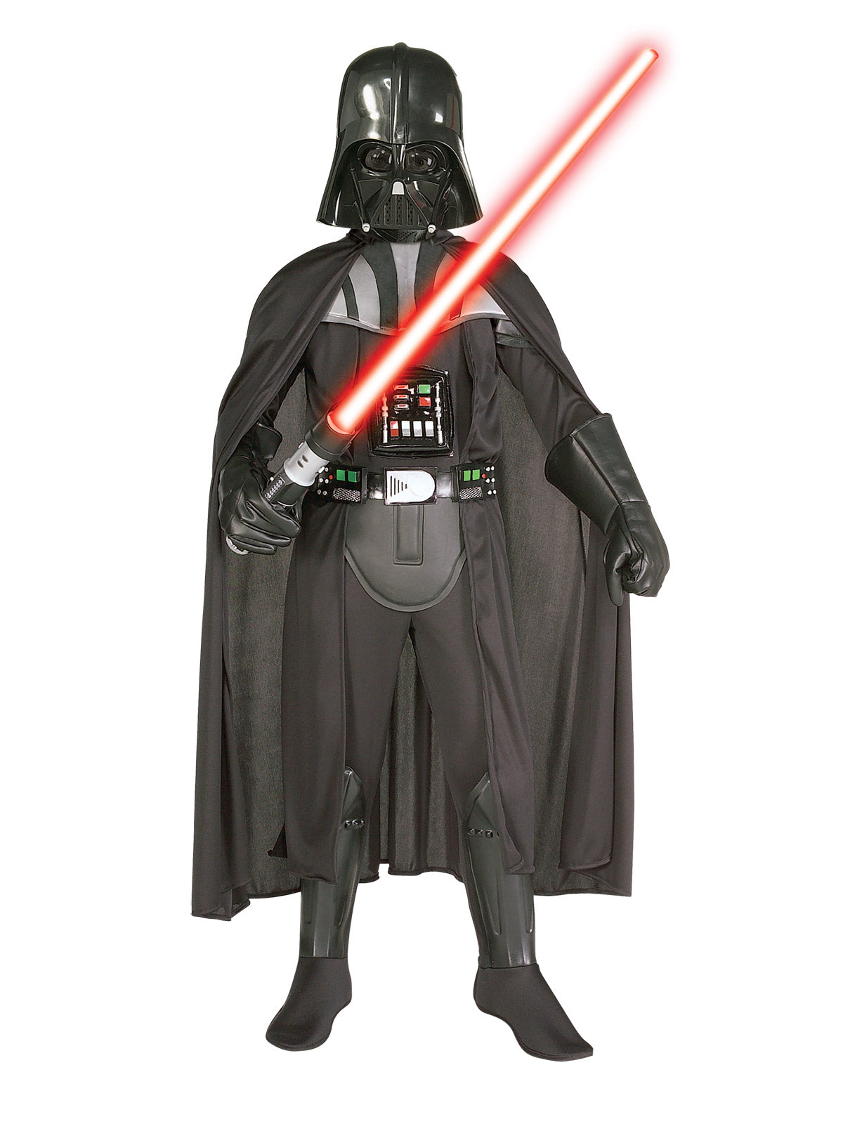 Boy in deluxe Darth Vader jumpsuit with control panel, 3D belt, long cape and moulded mask