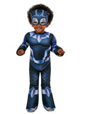Toddler in padded Spidey and His Amazing Friends Black Panther jumpsuit with mask