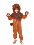 Child in plush Cowardly Lion deluxe jumpsuit with faux fur mane, eared headpiece and tail