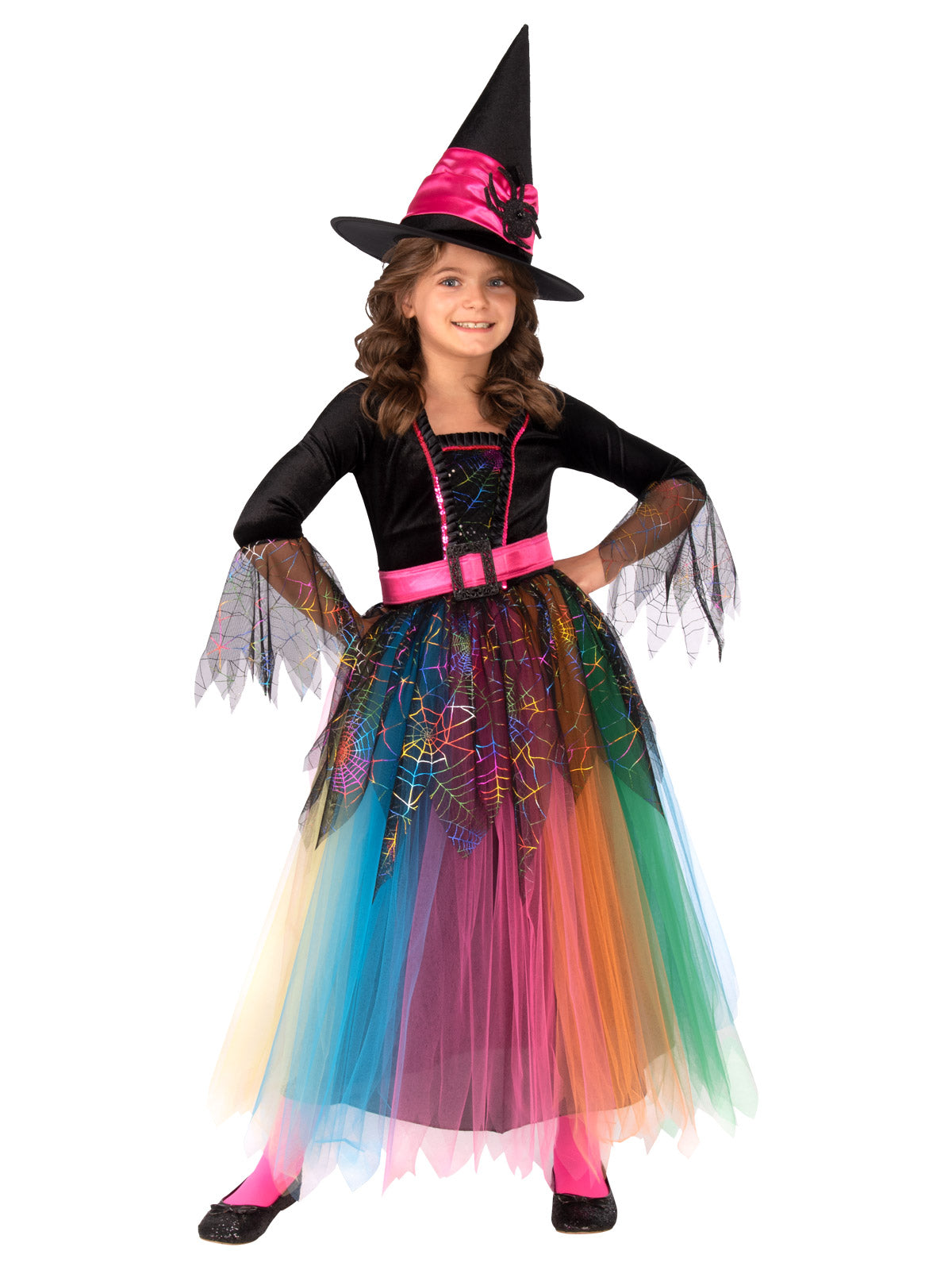 Girl wearing a Spider Witch dress with rainbow tulle skirt, glitter web bodice and pink-banded witch hat with spider