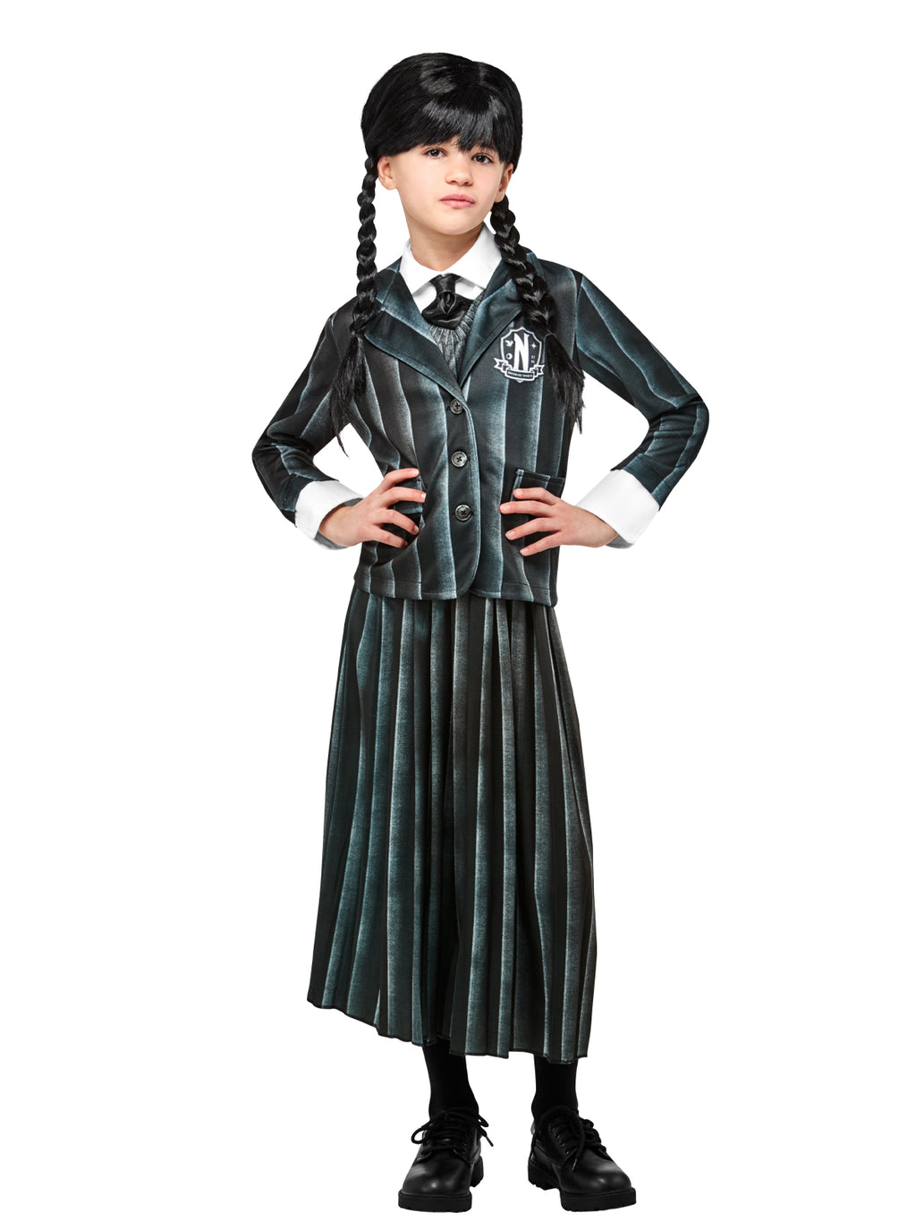 Girl posing in the Nevermore Academy pinstripe jacket with white cuffs, tie and pleated skirt