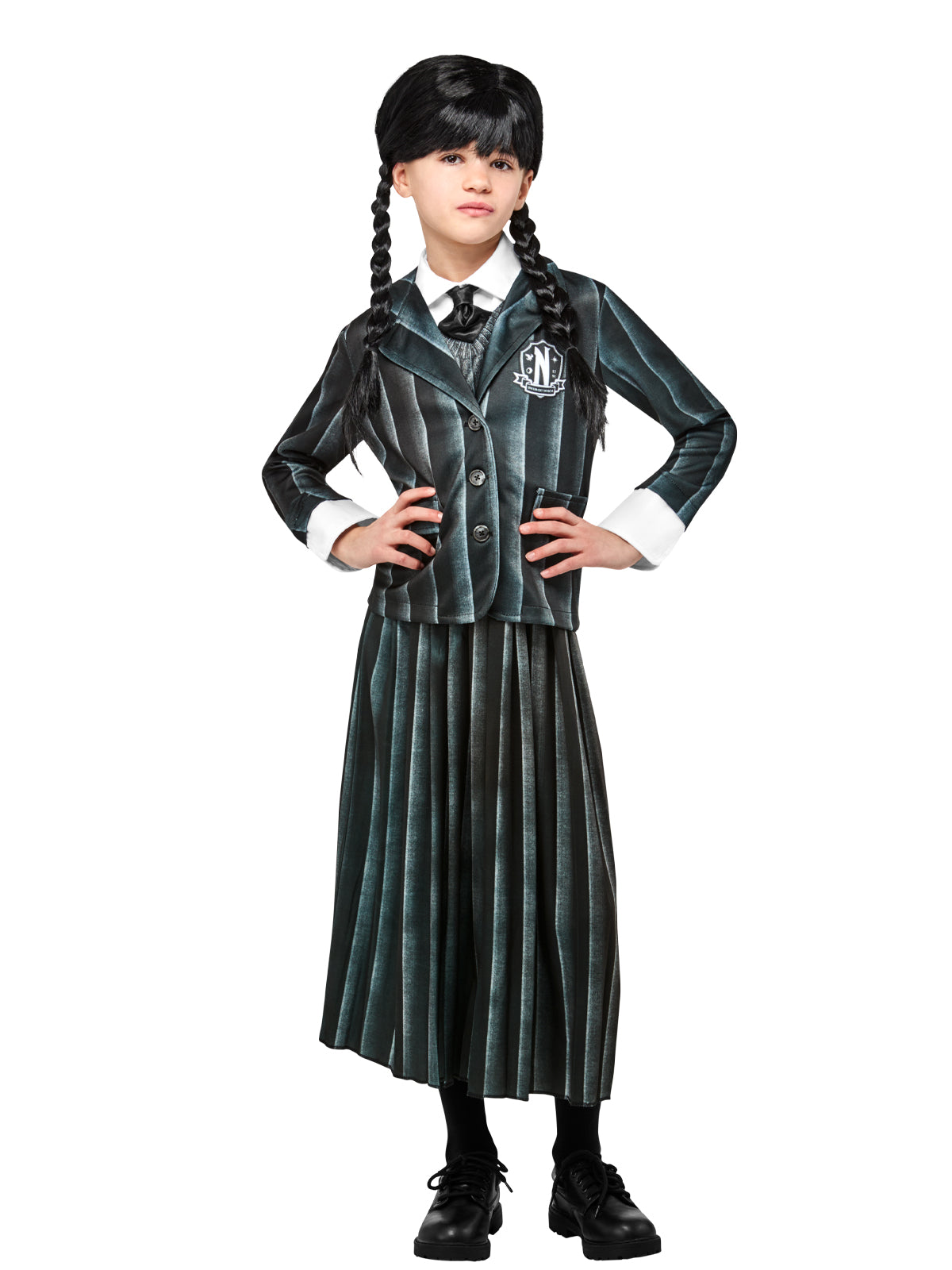 Girl posing in the Nevermore Academy pinstripe jacket with white cuffs, tie and pleated skirt