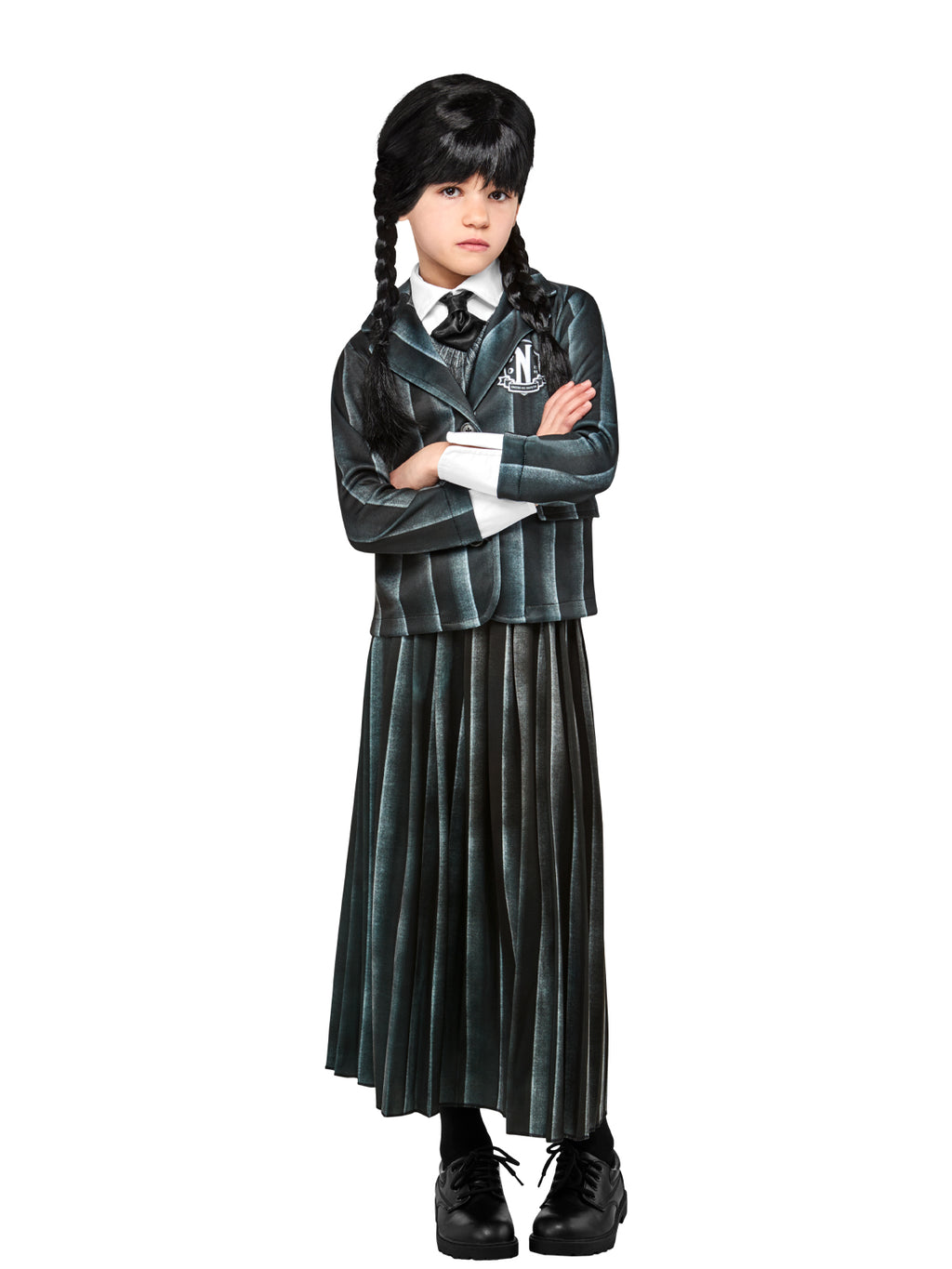 Girl wearing a Wednesday Nevermore Academy striped black and grey jacket with crest, shirt-front vest, tie and pleated skirt