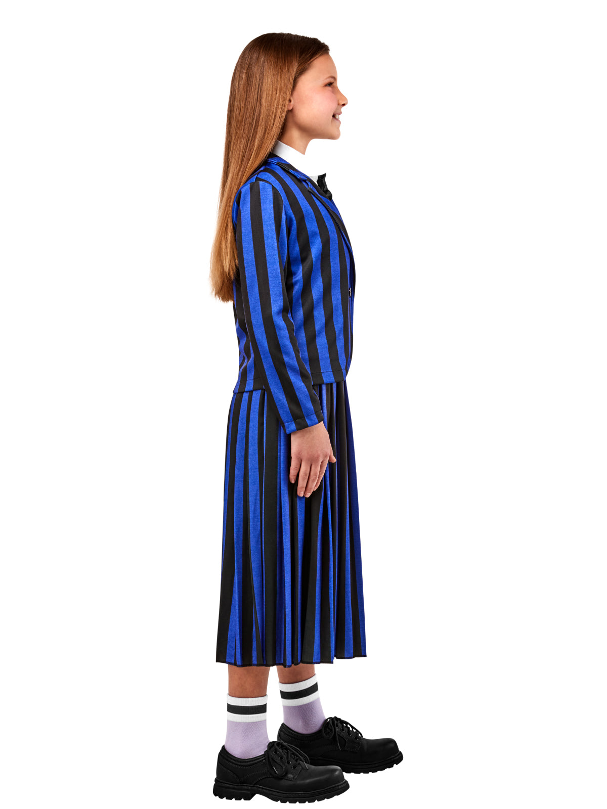 Side view of the Nevermore blue pinstripe jacket and pleated skirt