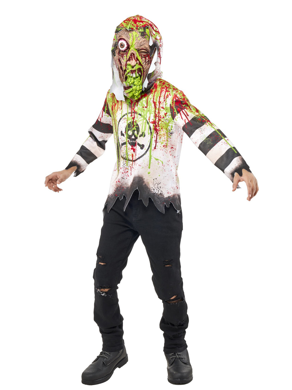 Child in a Toxic Kid costume with slime-splattered skull print hooded shirt, striped sleeves and demented mask