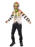 Child in a Toxic Kid costume with slime-splattered skull print hooded shirt, striped sleeves and demented mask