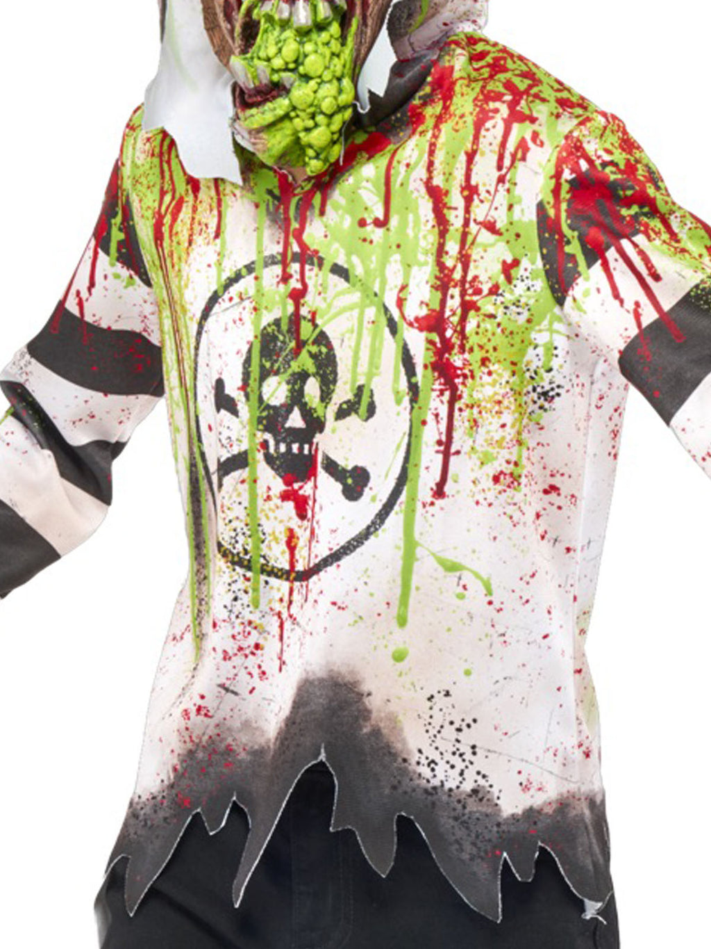 Close-up of the Toxic Kid shirt's tattered hem, skull and crossbones print and slime and blood splatter