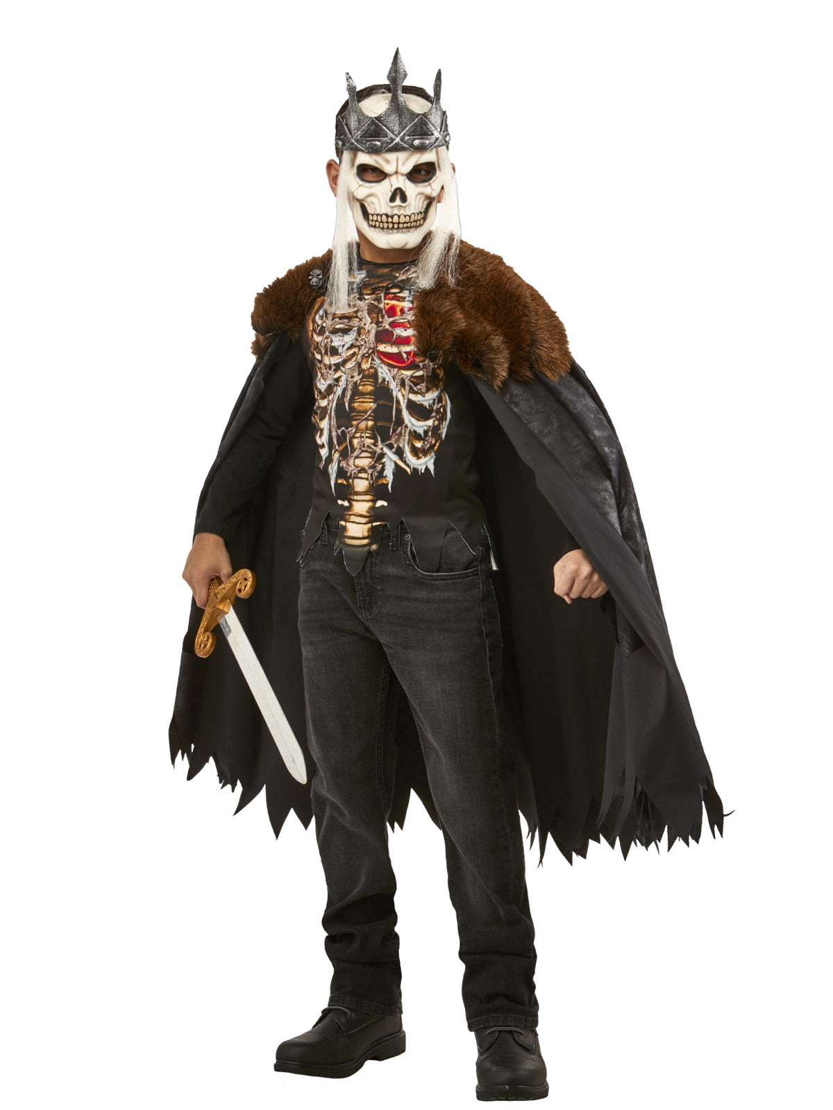 Child in Dead King costume with printed ribcage shirt, tattered cape with fur collar and crowned skull mask