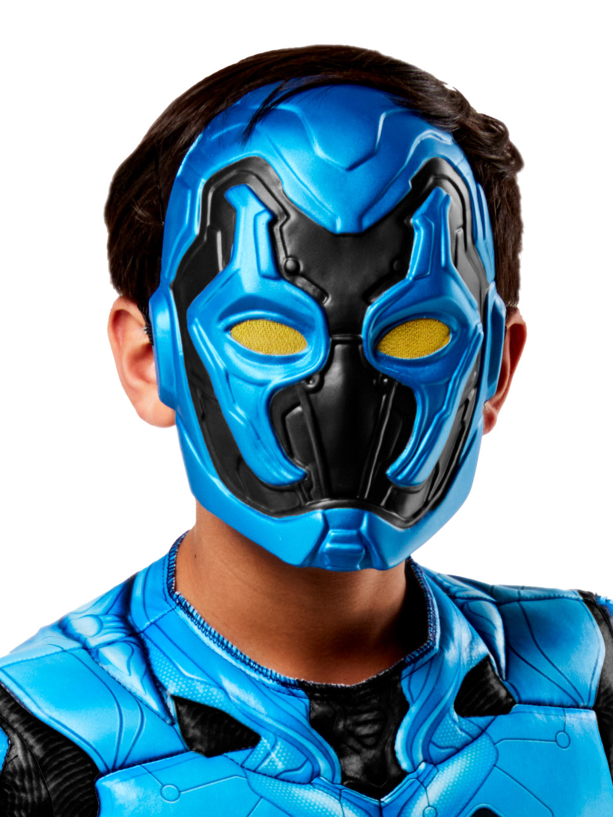 Close-up of the Blue Beetle blue and black half mask with yellow eyes