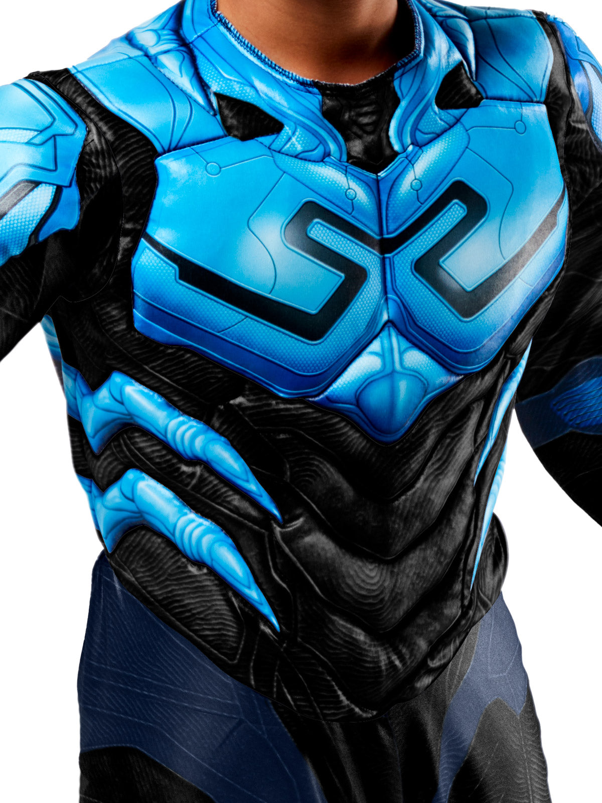 Close-up of the Blue Beetle jumpsuit's padded blue chest and abs
