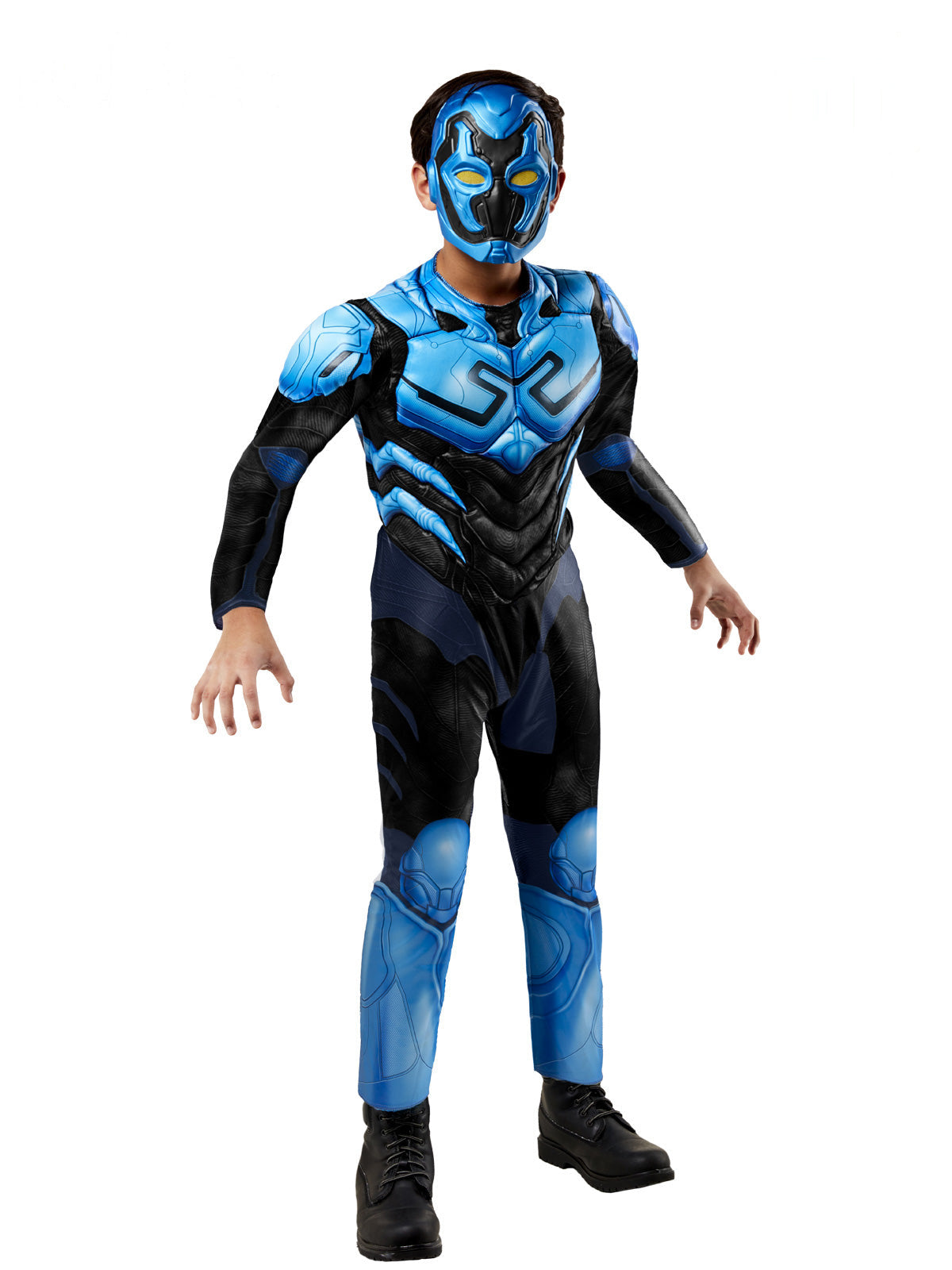 Boy in DC Blue Beetle muscle jumpsuit in blue and black with half mask