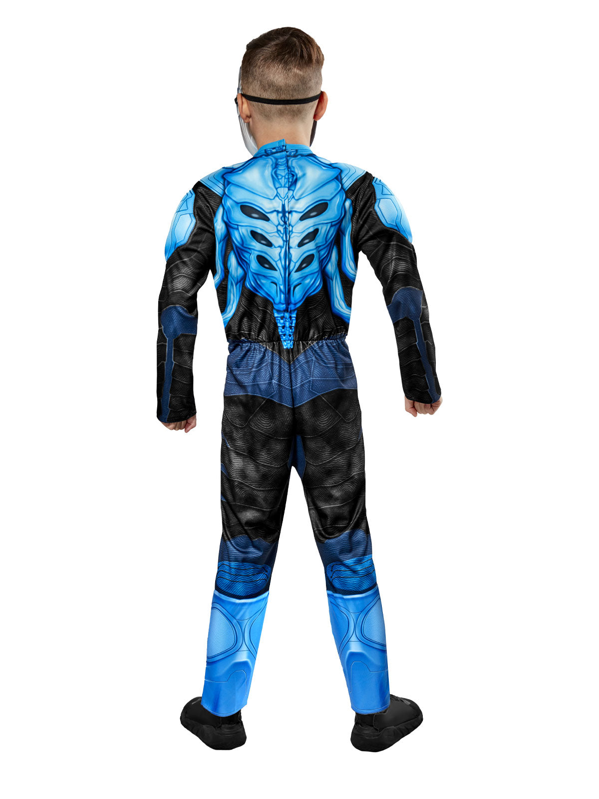 Back view of the Blue Beetle jumpsuit showing the printed blue exoskeleton