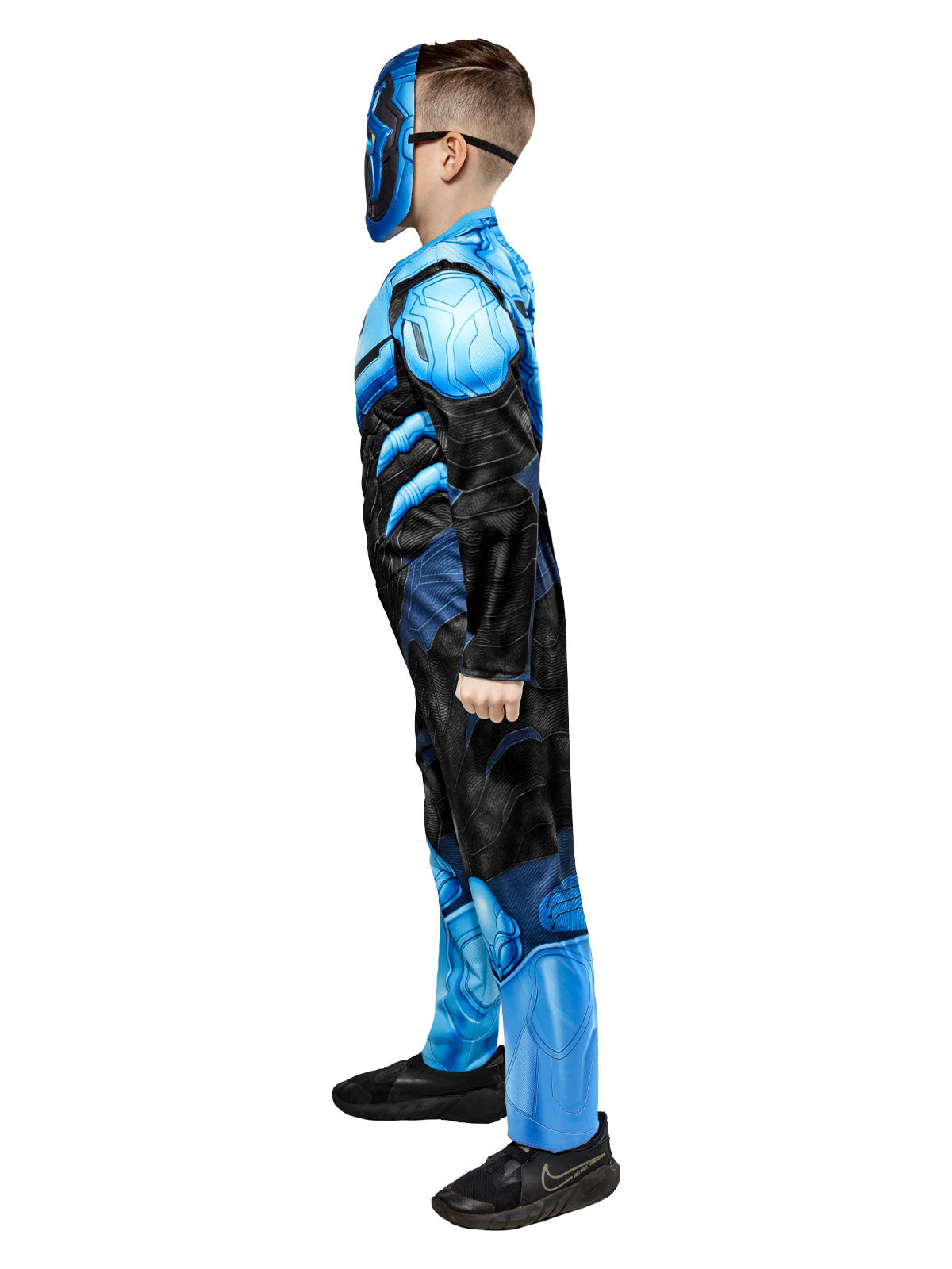 Side view of the Blue Beetle jumpsuit with padded chest and printed shin guards