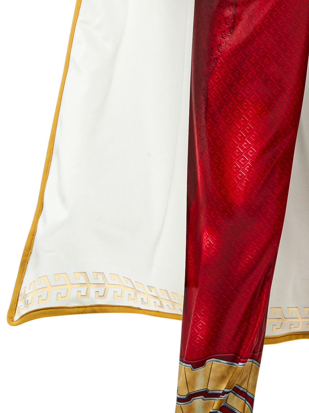 Close-up of the Shazam detachable white cape with printed gold edging