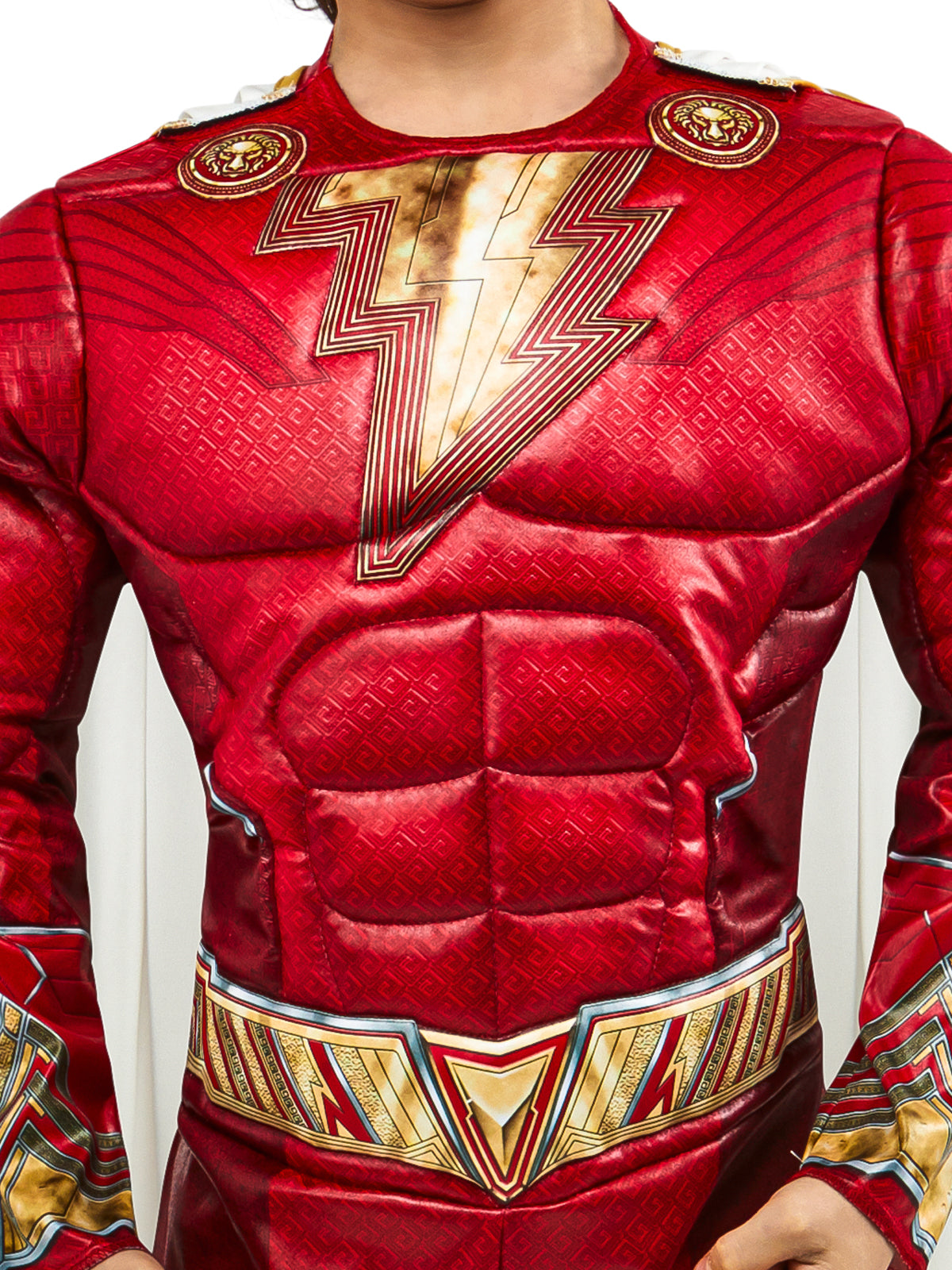 Close-up of the Shazam jumpsuit's padded muscle chest and gold lightning bolt emblem