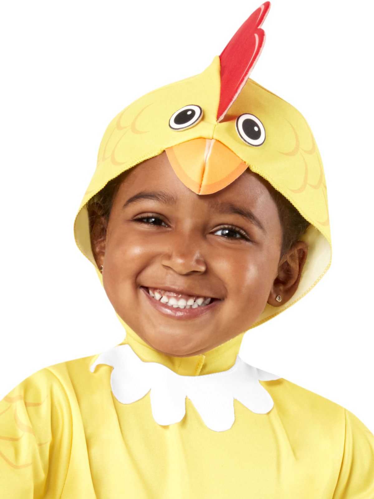 Close-up of the chicken hat with red comb, beak and eyes and white feather collar