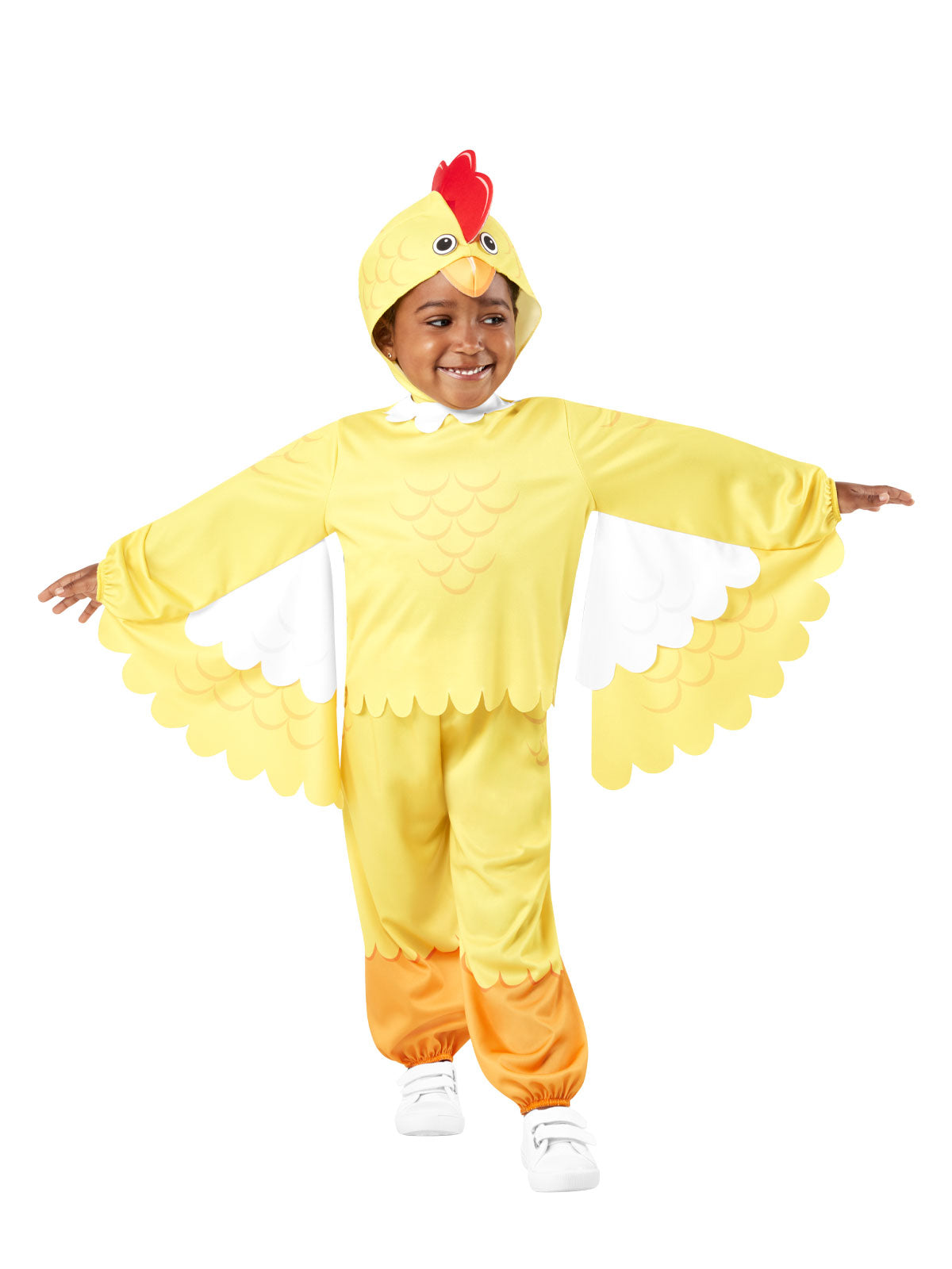 Child in yellow chicken costume with scalloped wings, orange pants cuffs and comb hat