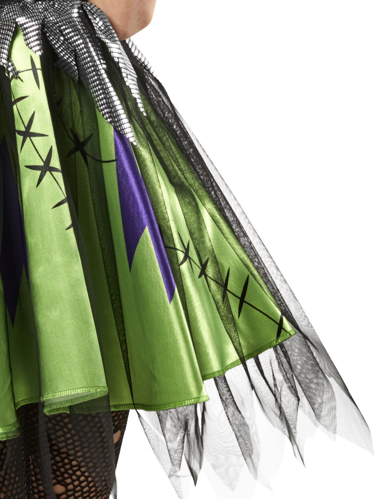 Close-up of the Frankie dress's lime green skirt with stitch print and black mesh overlay