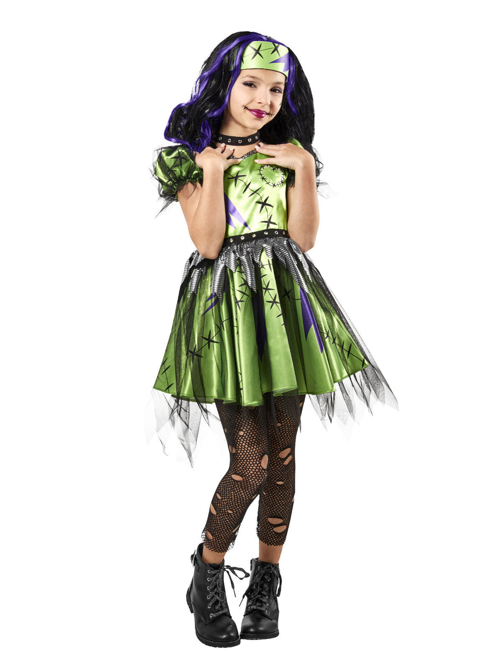 Girl in the Frankie costume with a lime green stitched satin dress, tattered tulle hem, mesh leggings and headband