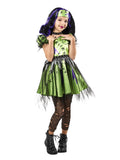 Girl in the Frankie costume with a lime green stitched satin dress, tattered tulle hem, mesh leggings and headband