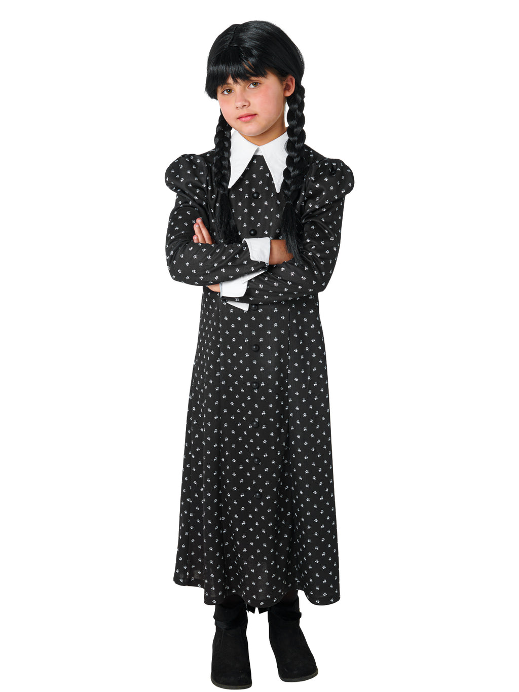 Girl with arms folded in the Wednesday Deluxe black dress with white lapels and sewn-on buttons
