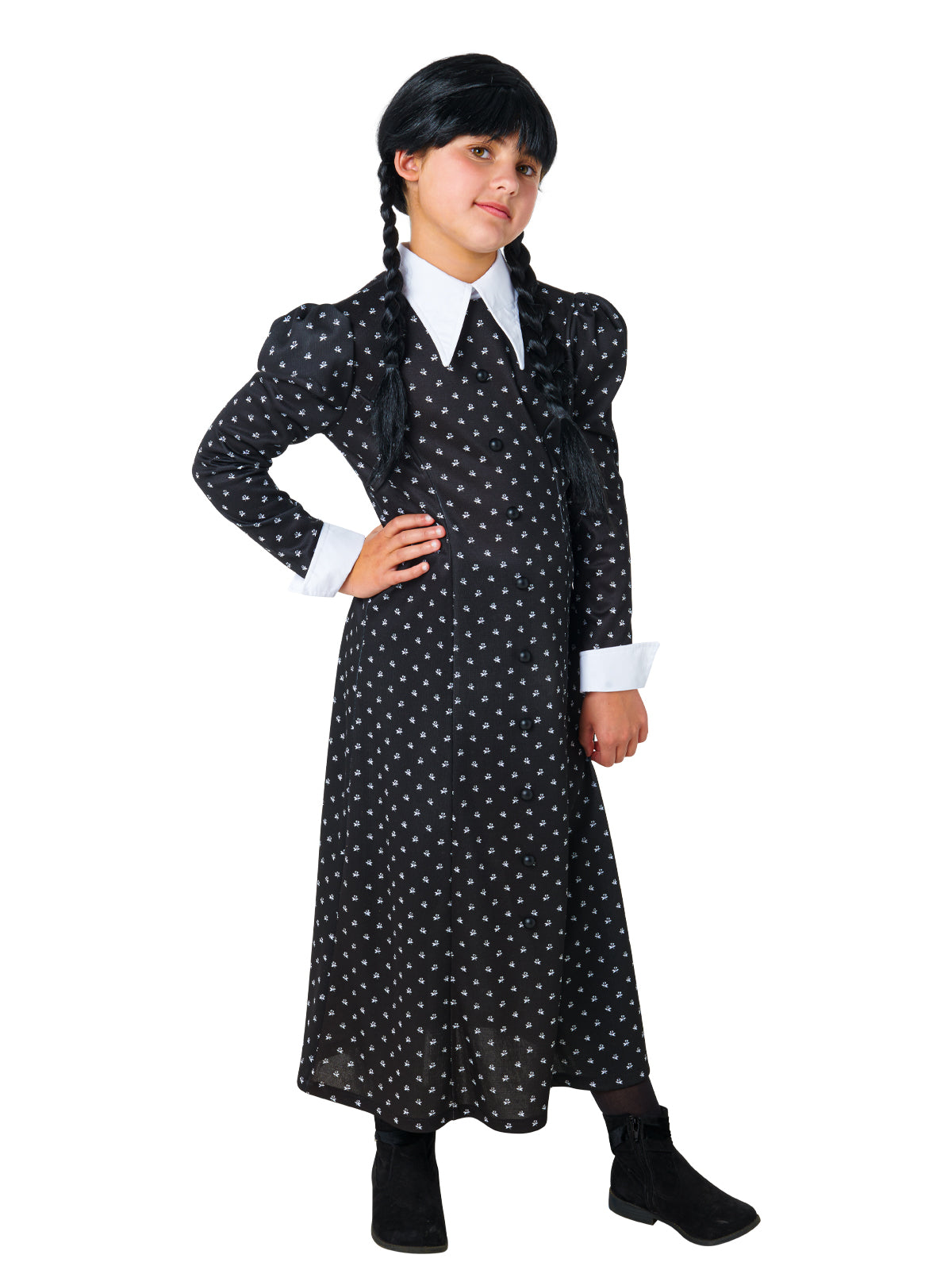 Girl wearing a long black Wednesday dress with puffed shoulders, white collar and cuffs and printed flowers
