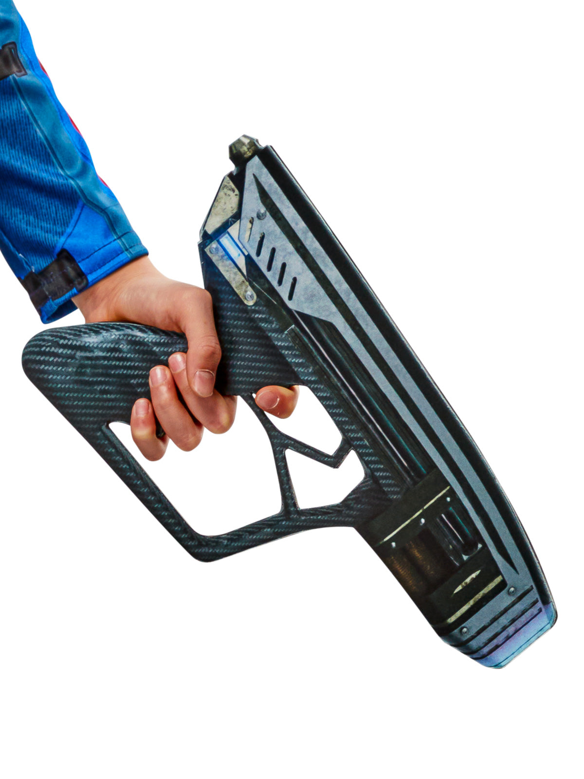 Close-up of the Star-Lord foam toy blaster painted to look like metal