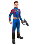 Boy wearing a Star-Lord jumpsuit with printed red and blue suit, foam belt and toy blaster