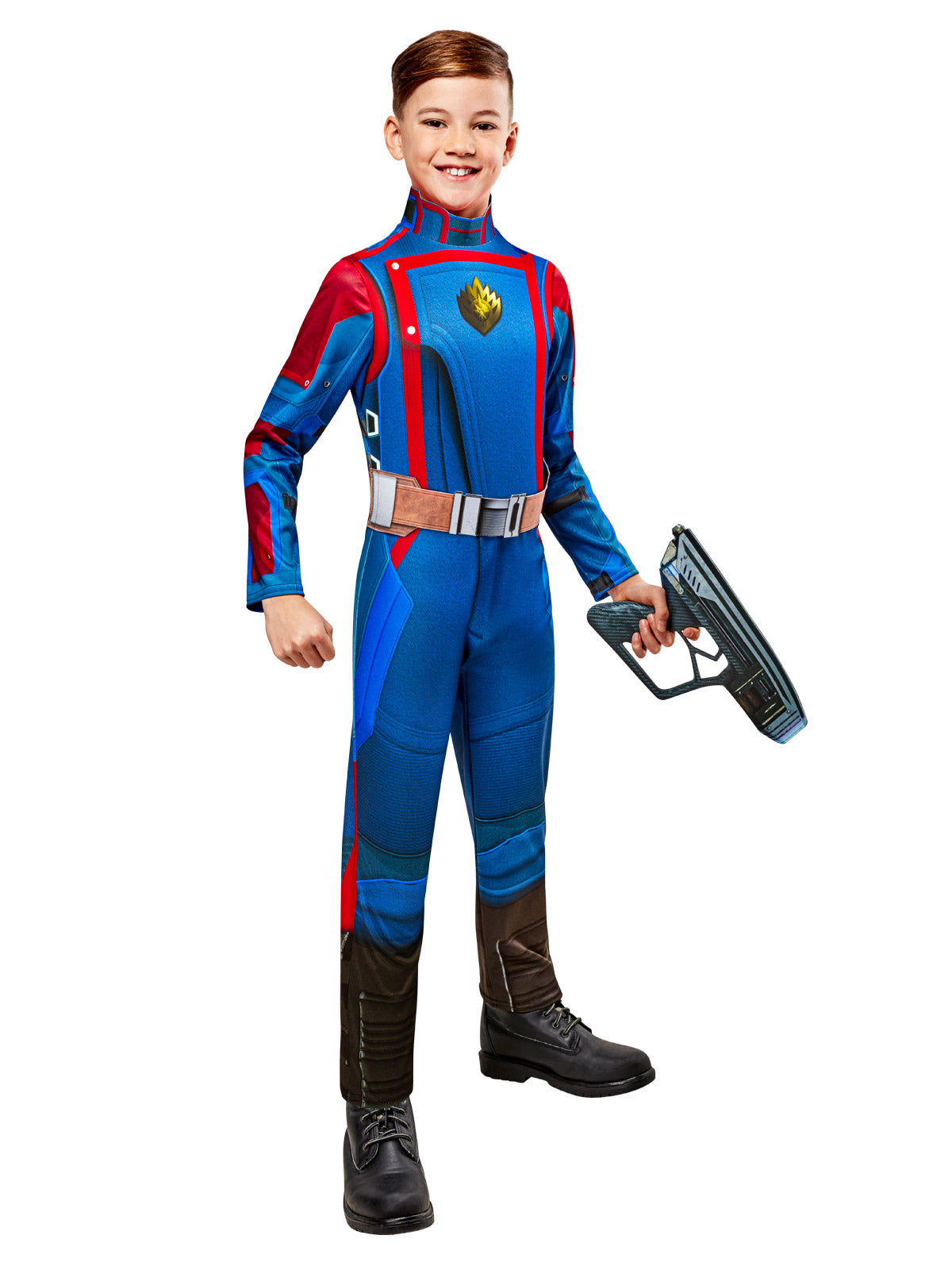Boy wearing a Star-Lord jumpsuit with printed red and blue suit, foam belt and toy blaster