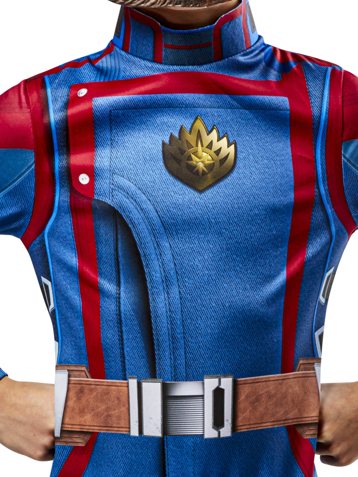 Close-up of the Rocket Raccoon jumpsuit's printed chest emblem, red panels and belt