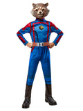 Child in a Rocket Raccoon jumpsuit with blue and red printed suit, belt and moulded raccoon mask