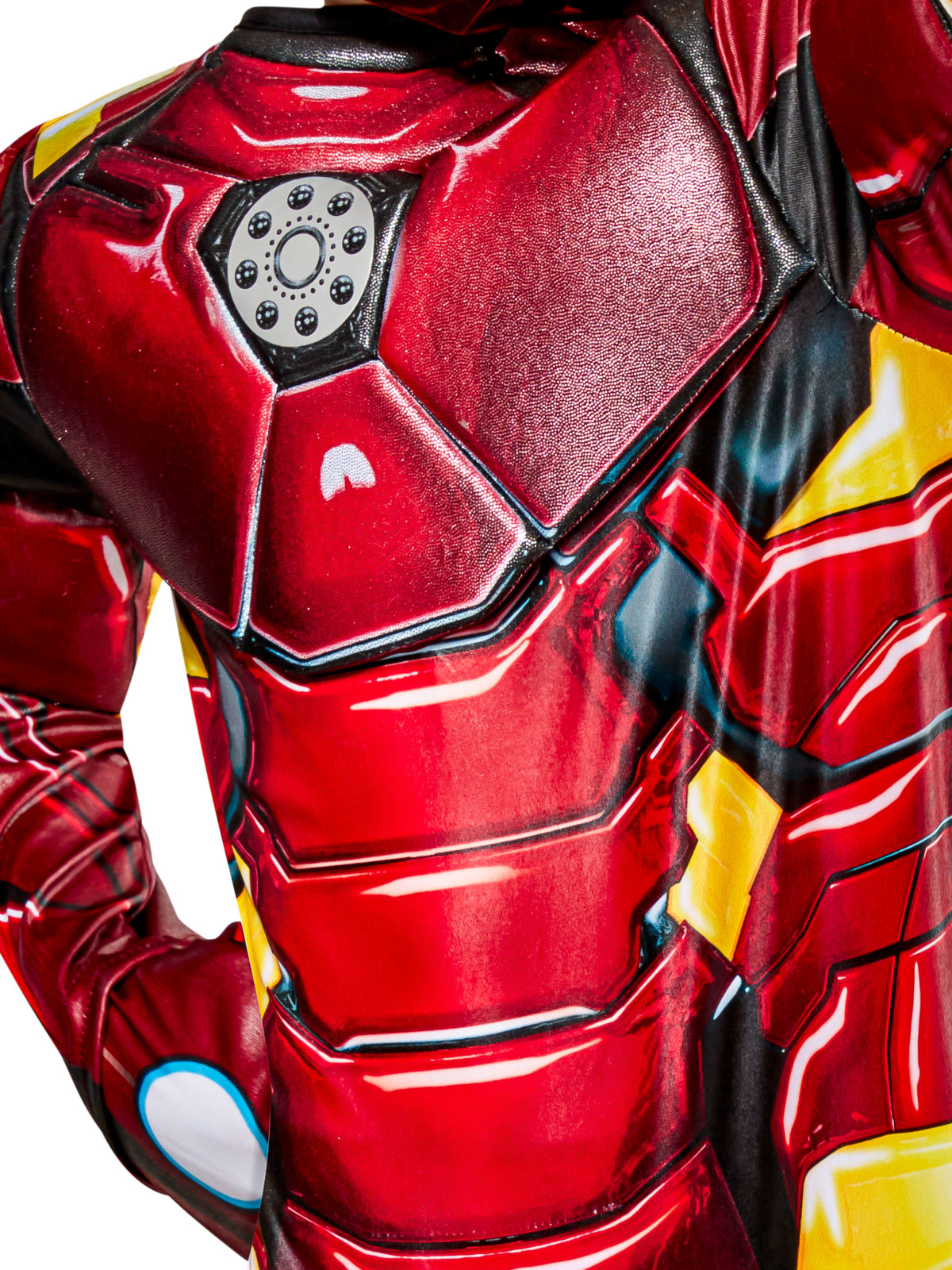 Close-up of the Iron Man Premium padded armour chest with the glowing arc reactor detail