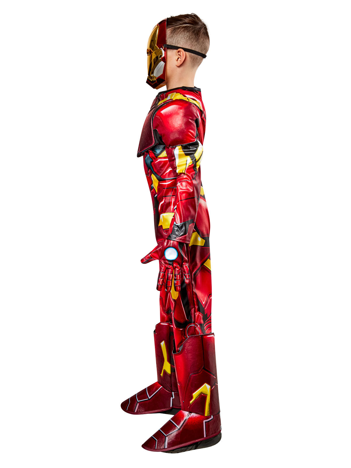 Side view of the Iron Man Premium suit with foam-backed boot tops and moulded mask