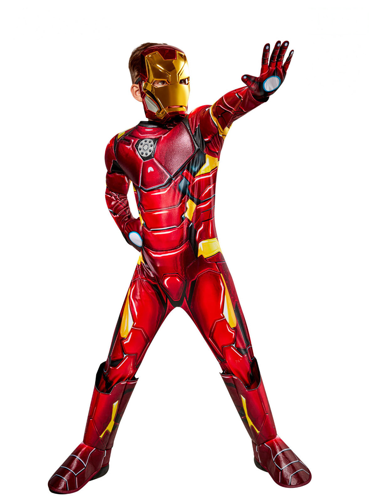 Boy posing in the Iron Man Premium red and gold padded suit with printed gloves