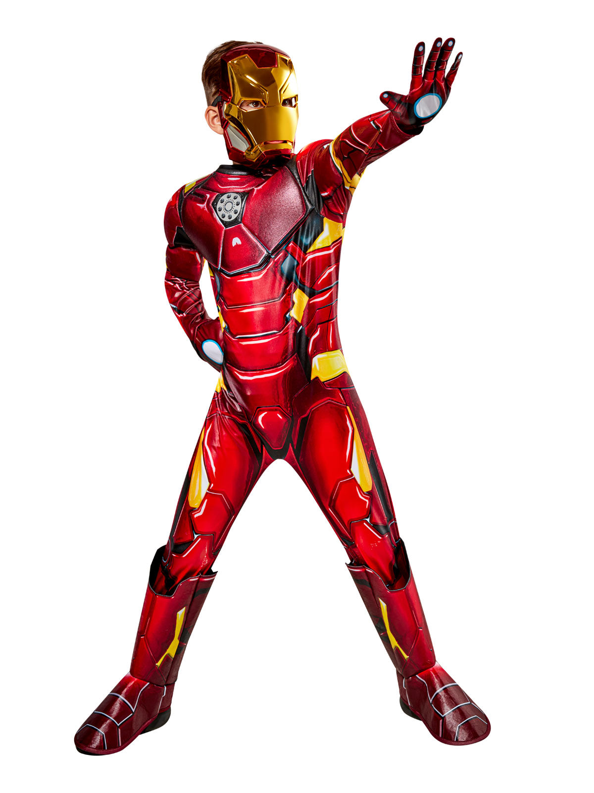 Boy in the Marvel Iron Man Premium suit with padded red and gold armour, arc reactor chest and gloves