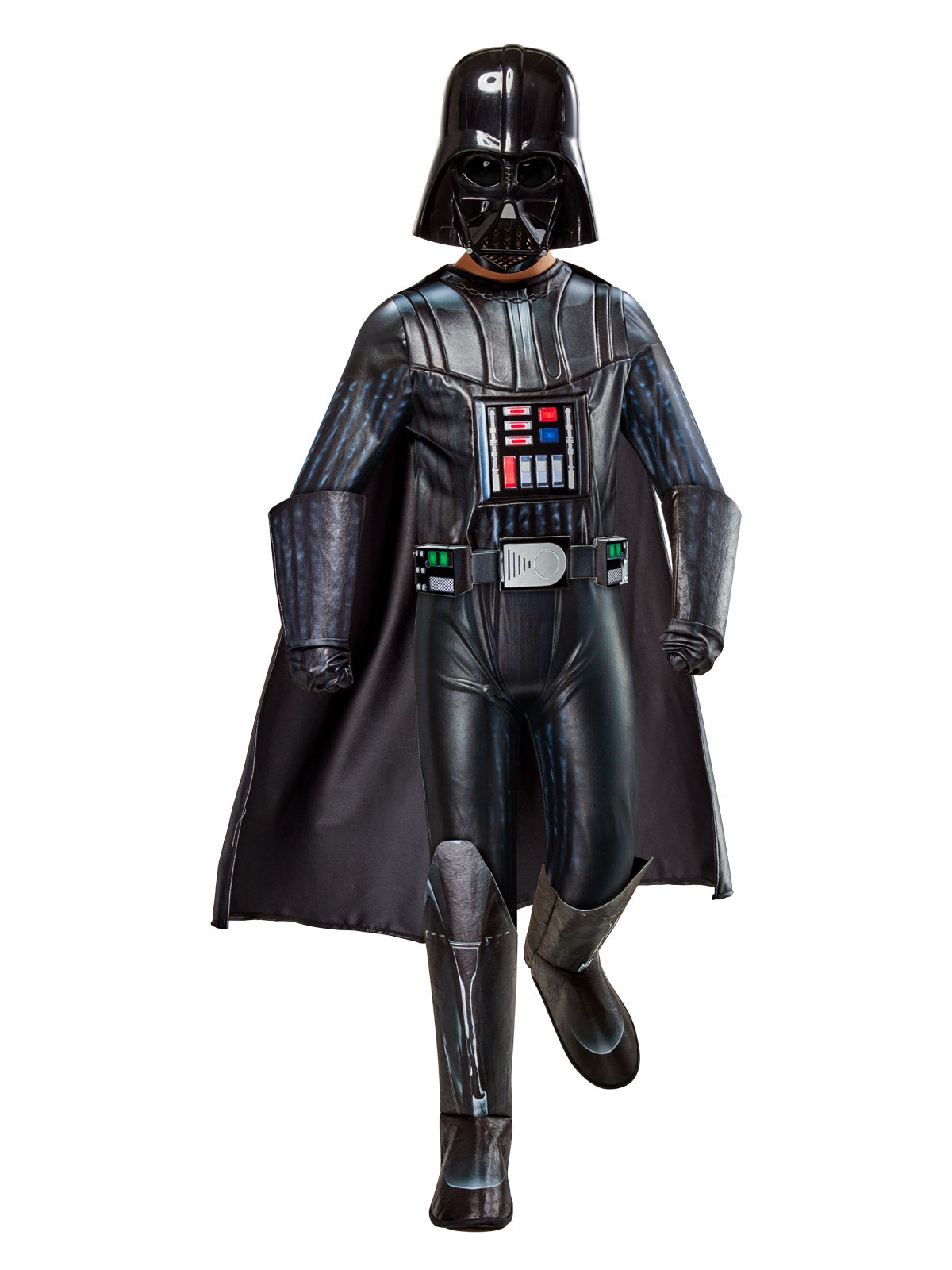 Child in premium Darth Vader padded jumpsuit with electro-plated mask, cape, gauntlet gloves and boot tops