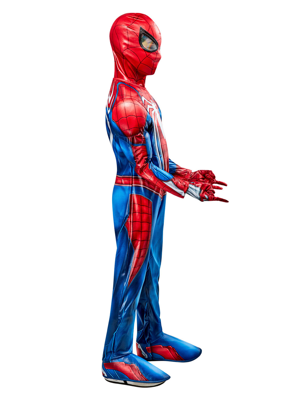 Side view of the Spider-Man 2 premium jumpsuit with lenticular-eye snood and sewn-on boot tops