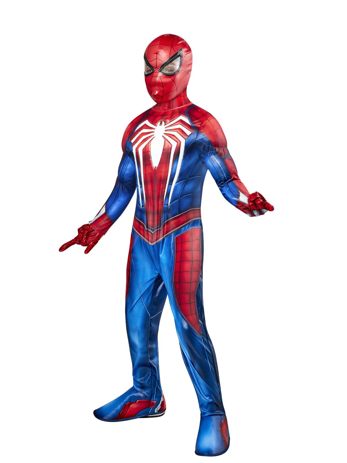 Child in a premium Spider-Man 2 gaming jumpsuit with white spider emblem, padded arms, gloves and snood