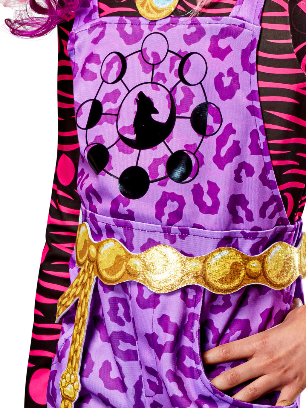 Close-up of the Clawdeen Wolf playsuit's moon print, pink striped sleeves and gold belt