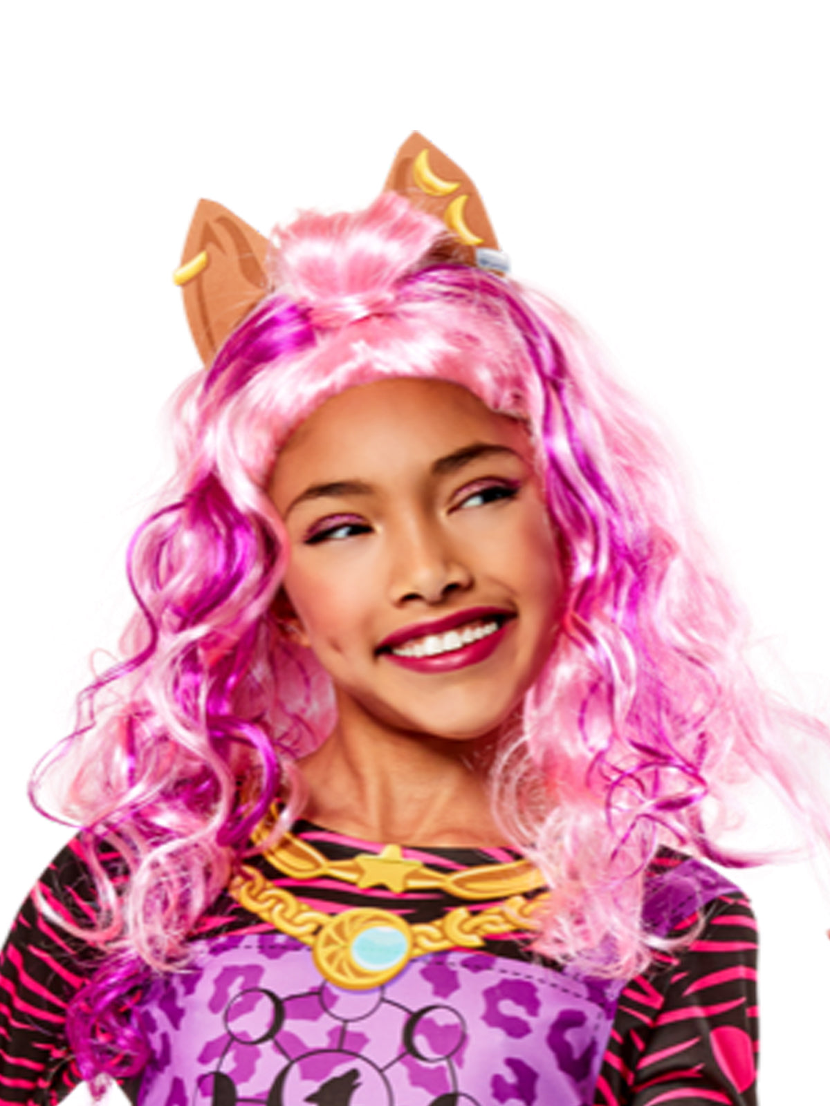 Girl wearing the long wavy pink Clawdeen Wolf wig
