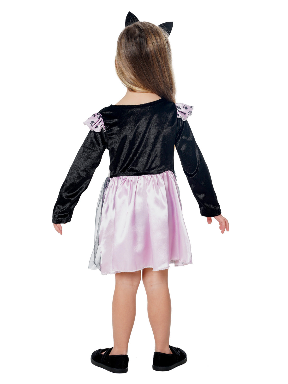 Back view of the toddler cat dress with black bodice and lilac skirt