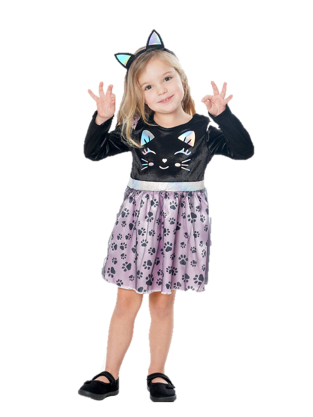 Toddler girl in black cat dress with cat face bodice, paw print skirt and cat ears headband