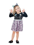 Toddler girl in black cat dress with cat face bodice, paw print skirt and cat ears headband