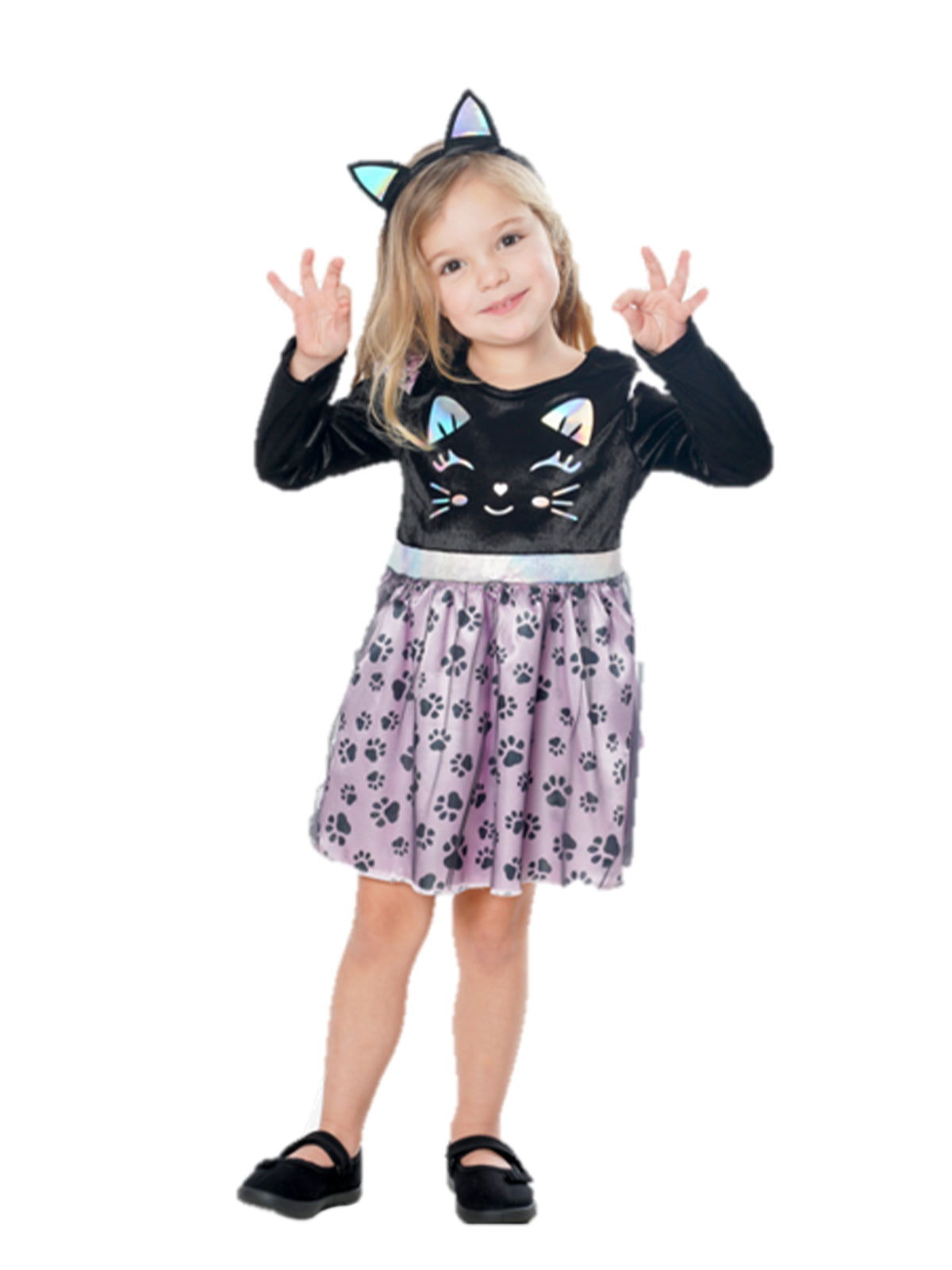 Toddler girl in black cat dress with cat face bodice, paw print skirt and cat ears headband