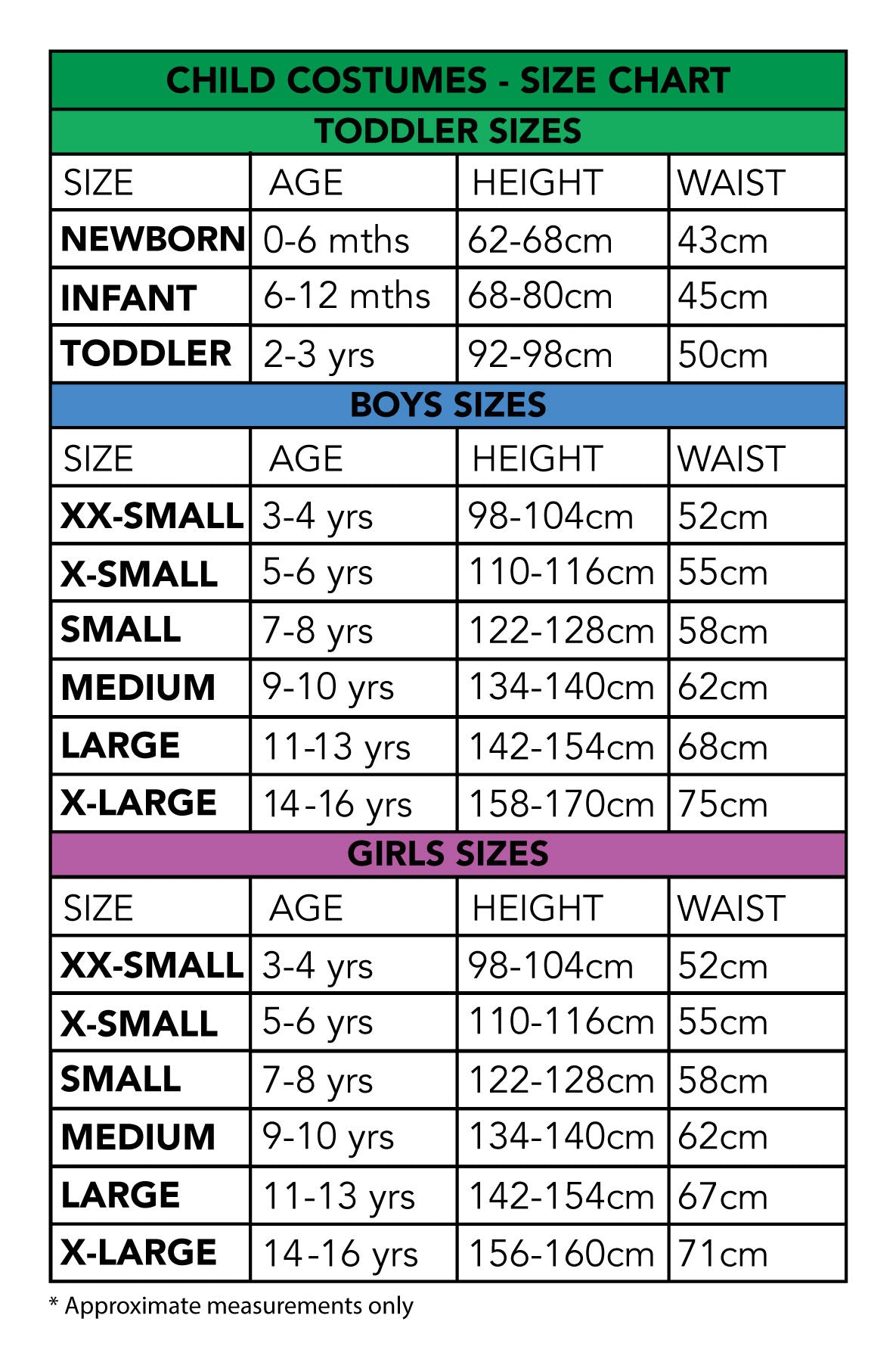 Child costume size chart with toddler, boys and girls sizes for the Ghost Poncho