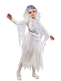 Girl in the Ghostly Girl costume with a white tattered dress, silver skeleton bodice and grey hooded veil