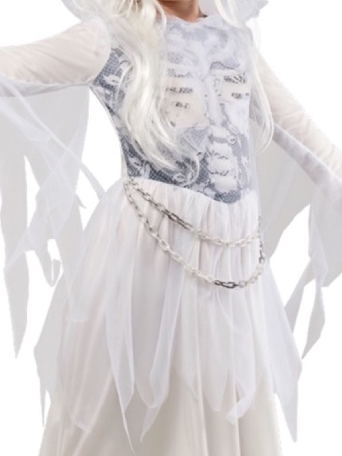 Close-up of the Ghostly Girl white dress with a silver skeleton print and ragged sleeves